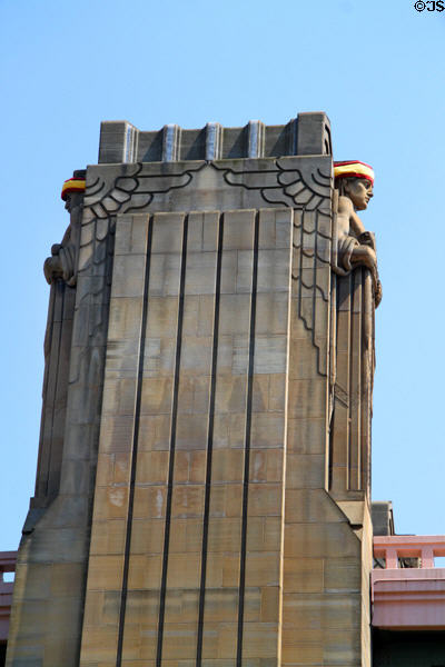 Art Deco style Guardian of Traffic figures (1932) by Frank Walker & sculpted by Henry Hering on Hope Memorial (former Lorain-Carnegie) Bridge. Cleveland, OH. On National Register.