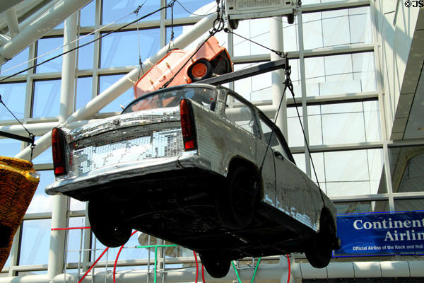 Mirrored Trabant car hangs in lobby of Rock & Roll Hall of Fame. Cleveland, OH.