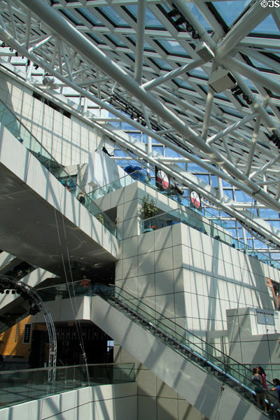 Multiple levels inside pyramid of Rock & Roll Hall of Fame. Cleveland, OH.