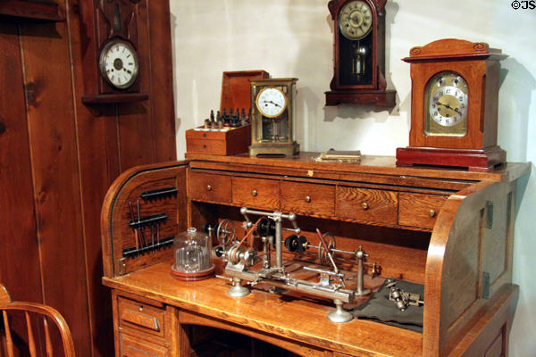 Clock making tools in replica clock shop at Cleveland History Center. Cleveland, OH.