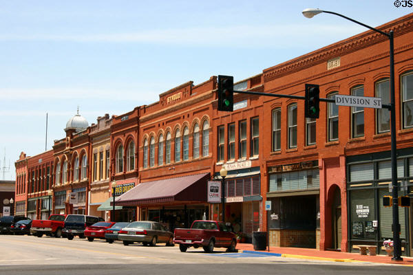 Victorian Guthrie streetscape along West Oklahoma Ave. including several buildings by architect Joseph Foucart. Guthrie, OK.