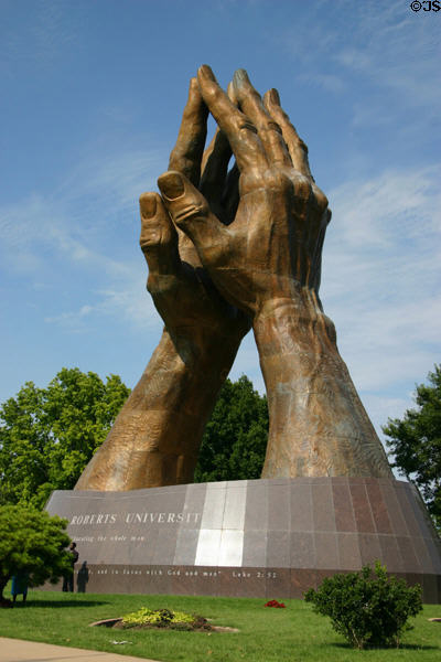 Praying Hands bronze statue at entrance to Oral Roberts University campus. Tulsa, OK.