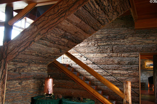 Walls & stairwell covered with pine bark in Crater Lake Lodge. OR.