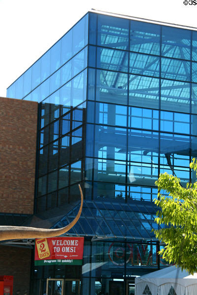 Glass entrance hall of Oregon Museum of Science & Industry. Portland, OR.
