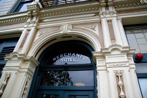 Cast iron facade details of Merchants Hotel. Portland, OR.