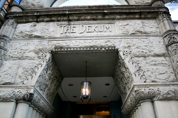 Carvings in trapezoidal arch of Dekum Building. Portland, OR.