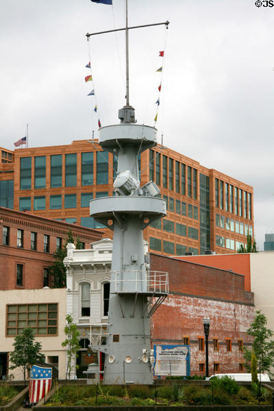 Battleship U.S.S. Oregon mast (1893) at Memorial Marine Park on Riverfront of Portland. Portland, OR.