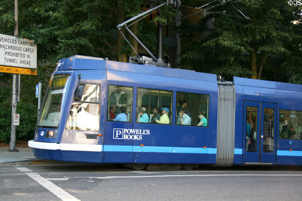 Portland's blue waterfront streetcar. Portland, OR.