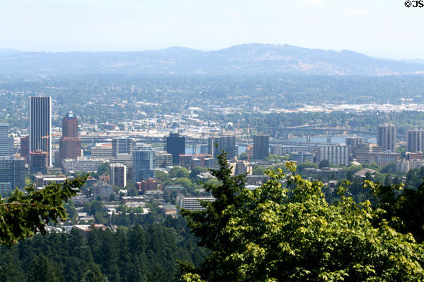 Skyline of southern end of downtown Portland & Willamette River. Portland, OR.