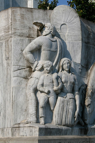 Oregon Trail pioneer carving details at Oregon State Capitol. Salem, OR.