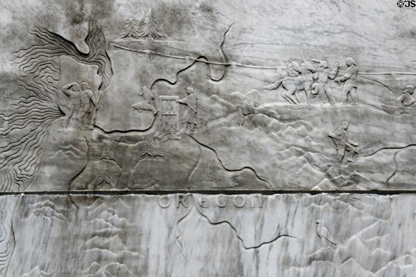 Western details of Lewis & Clark intaglio map on their monument at Oregon State Capitol. Salem, OR.