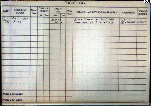 Flight log of Spruce Goose showing single 30-second flight on Nov. 2, 1947 at Evergreen Aviation & Space Museum. OR.