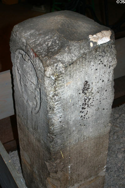 Mile 75 stone marker from Mason-Dixon line surveyed 1767 by Charles Mason & Jeremiah Dixon in Pennsylvania State Museum. Harrisburg, PA.