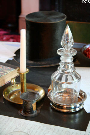 Buchanan's top hat, decanter, & candlestick in study at Wheatland. Lancaster, PA.
