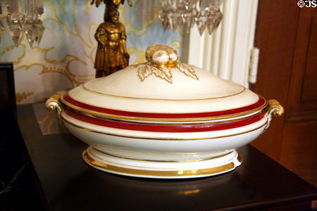 Covered serving dish in dining room at Wheatland. Lancaster, PA.