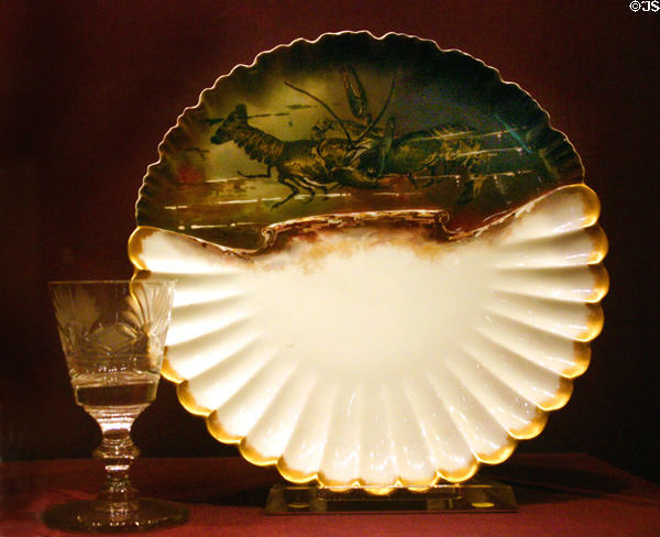 Rutherford B. Hayes plate with crayfish plus glass in Liberty Museum. Philadelphia, PA.