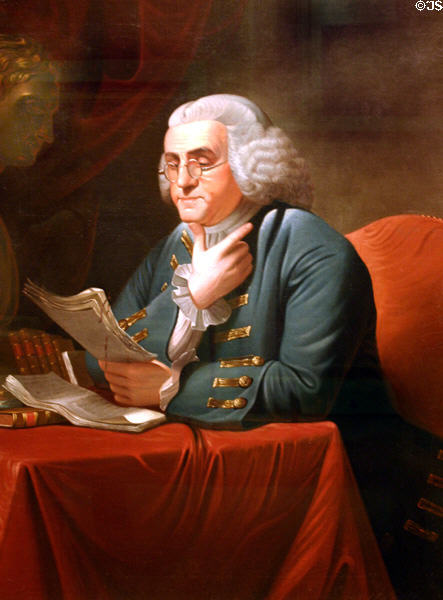 Portrait of Benjamin Franklin (1835) by David Rent Etter, after Charles Willson Peale after David Martin in National Portrait Gallery. Philadelphia, PA.