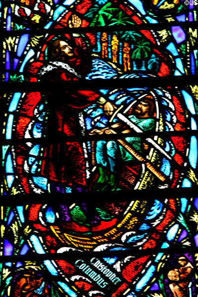 Stained glass Christopher Columbus landing in America in Heinz Chapel. Pittsburgh, PA.