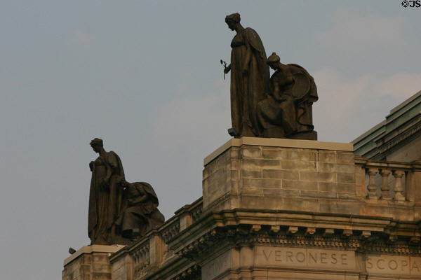 Statues over Carnegie Music Hall entrance. Pittsburgh, PA.