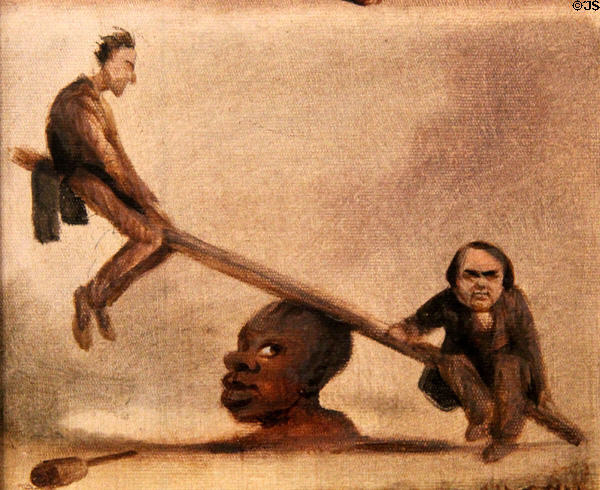 Lincoln Douglas debate on slavery panel detail of Abraham Lincoln, Rail Splitter painting (1860) by David Gilmour Blythe at Carnegie Museum of Art. Pittsburgh, PA.