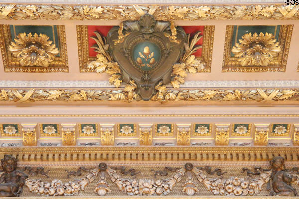 Vanderbilt family medallion with acorns & oak leaves symbolic of strength & longevity on Great Hall ceiling at The Breakers. Newport, RI.