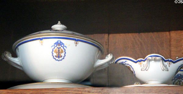 Monogrammed dinner service (c1880) made for John Wolfe of The Reefs, a Newport mansion destroyed by fire in 1942, at The Breakers. Newport, RI.