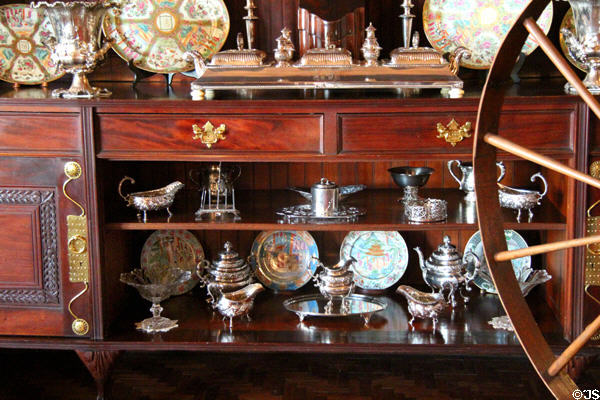 Silver service & Chinese plates on buffet in Dining Room at Kingscote. Newport, RI.