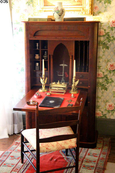 Mid-Victorian gothic, mahogany fall-front secretary (19thC) by John & Joseph W. Meeks of New York at Kingscote. Newport, RI.