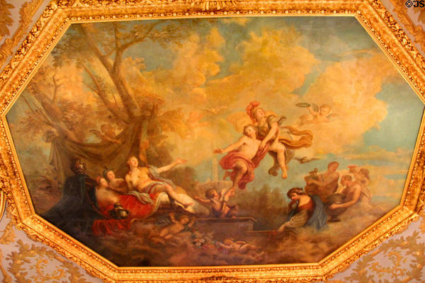 Romantic ceiling painting of Minerva goddess of Wisdom & War taking young man from his love while Cupid holds him back in Gold Room at Marble House. Newport, RI.
