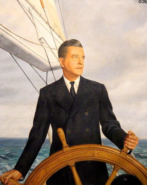 Portrait of Harold Stirling Vanderbilt at wheel of "Ranger" (1939) by Bernard Boutet de Monvel at Marble House. Newport, RI.