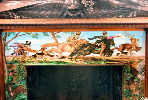 Dining room fireplace tiles with hunting scenes at Chateau-sur-Mer. Newport, RI.