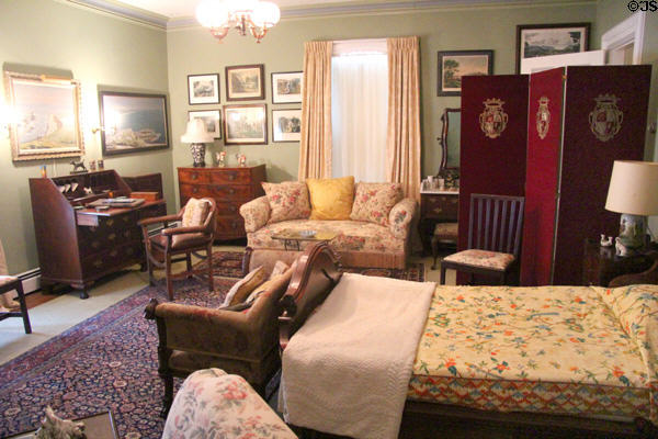 Bedroom with green walls at Chepstow. Newport, RI.
