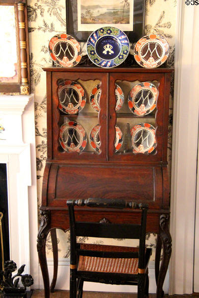 Writing desk in bedroom with branches wallpaper at Chepstow. Newport, RI.