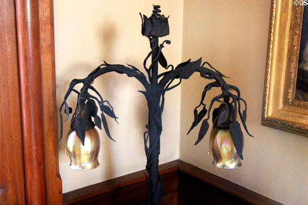Art Nouveau bronze & Favrile glass two tulip lamp (c1905) by Tiffany Studios of New York City at Newport Art Museum. Newport, RI.