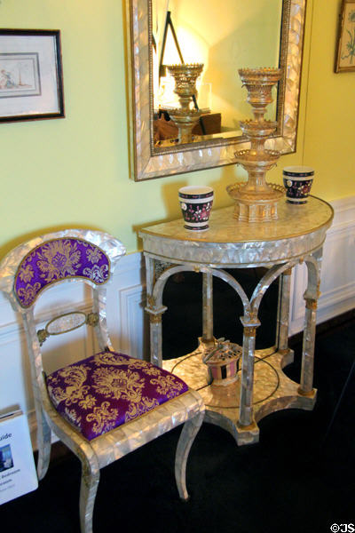 Mother of pearl side chair of (c1820) by Johann Tanzwohl of Austria & semi round table in Doris Duke's bedroom at Rough Point. Newport, RI.