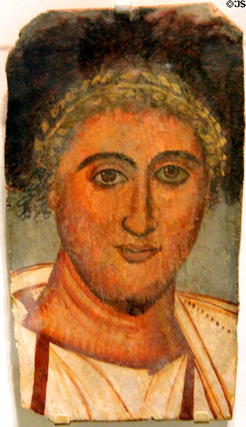Egyptian funereal mask of man (150-160) from Fayum Oasis at RISD Museum. Providence, RI.