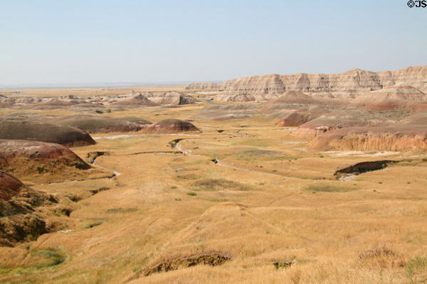 Grasslands on eroded hills of Badlands National Park. SD.