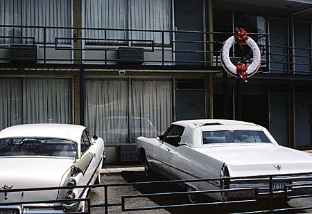 Wreath on Lorraine Motel marks site of assassination of Dr. Martin Luther King. Memphis, TN.