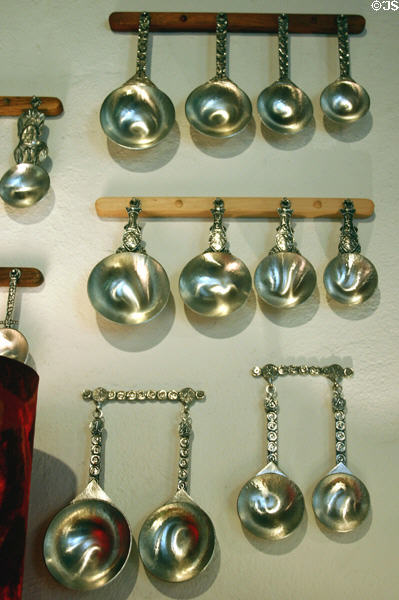 Ten Woodsmen pewter spoons in Southwest Crafts Center. San Antonio, TX.