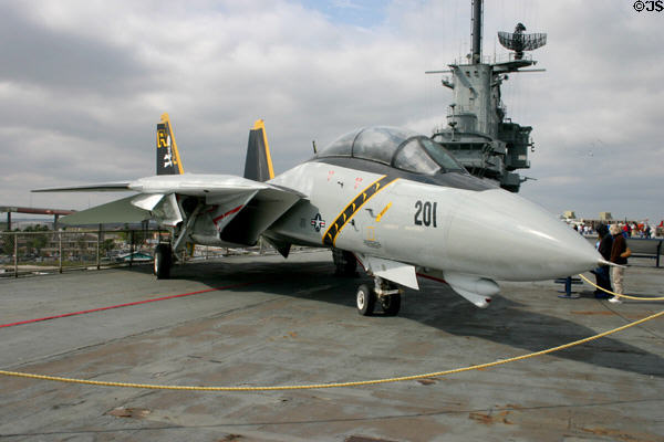F-14 Tomcat with skull & crossbones tail on deck of USS Lexington. Corpus Christi, TX.
