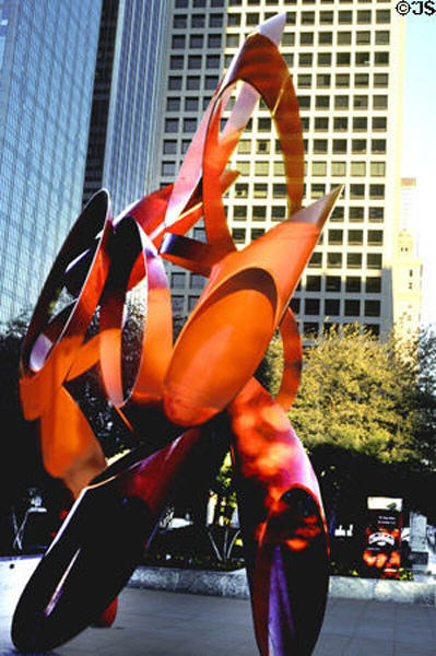 Red sculpture at base of Bank of America Plaza. Dallas, TX.