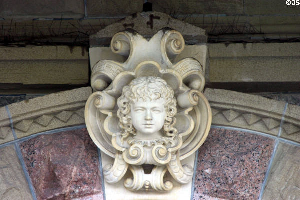 Bishop's Palace front door arch with carved face. Galveston, TX.