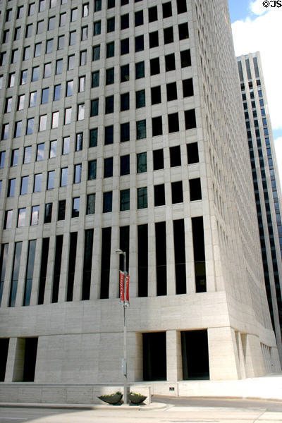 One Shell Plaza base widens at street. Houston, TX.