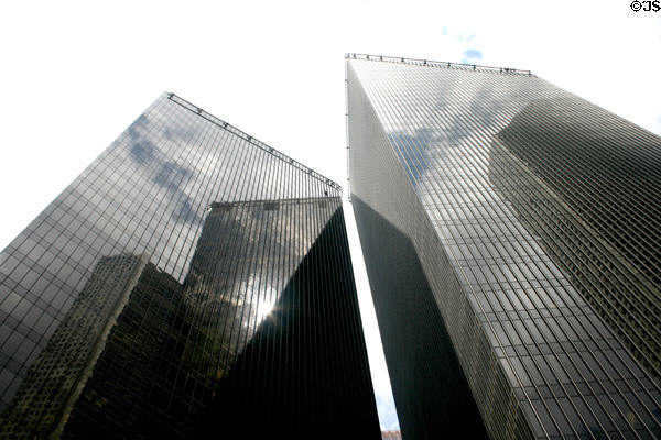 Pennzoil Place two black towers. Houston, TX.