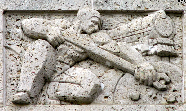 City Hall carving of mechanic with locomotive. Houston, TX.
