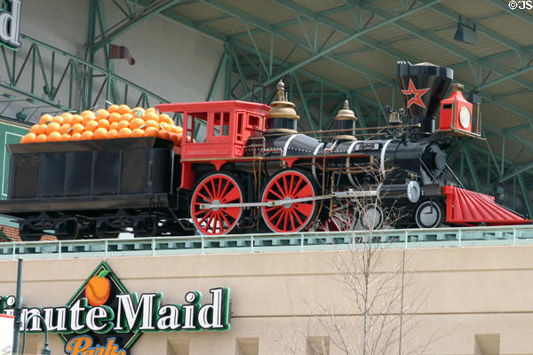 Steam locomotive model on wall of Minute Maid Park. Houston, TX.