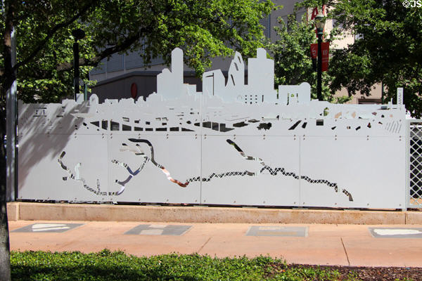 Profile of Houston cutout metal screen by Bengy Sebesta in Market Square Park. Houston, TX.