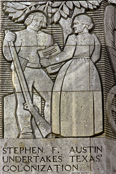 San Jacinto monument relief of Stephen F. Austin undertakes Texas' Colonization. Houston, TX.