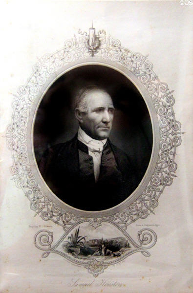 Sam Houston portrait graphic with early view of city of Houston by W.J. Edwards at San Jacinto Monument museum. San Jacinto, TX.