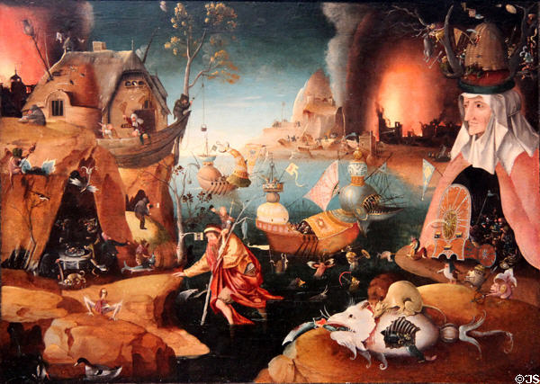 St Christopher Carrying Christ Child through Sinful World (c1520) by circle of Hieronymus Bosch at Museum of Fine Arts, Houston. Houston, TX.